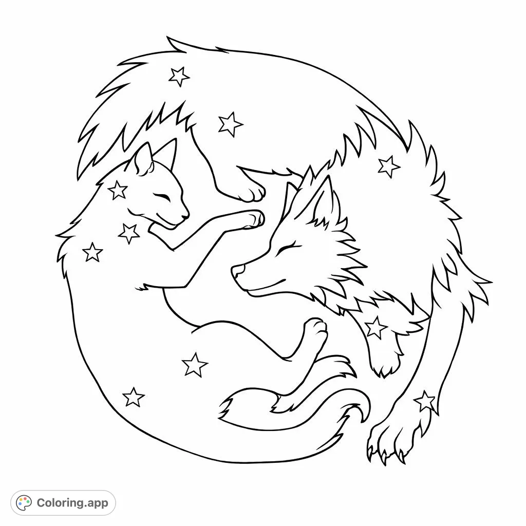 Two stylized animals, a feline and a canine, intertwine in a celestial yin-yang design, adorned with stars, representing cosmic balance and unity.