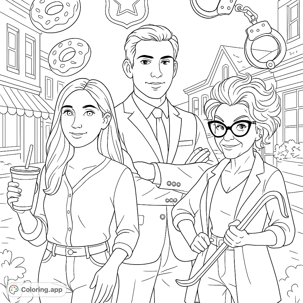 Color a dynamic urban mystery team with distinct characters and symbolic objects. Perfect for fans of detective stories and character-focused art.