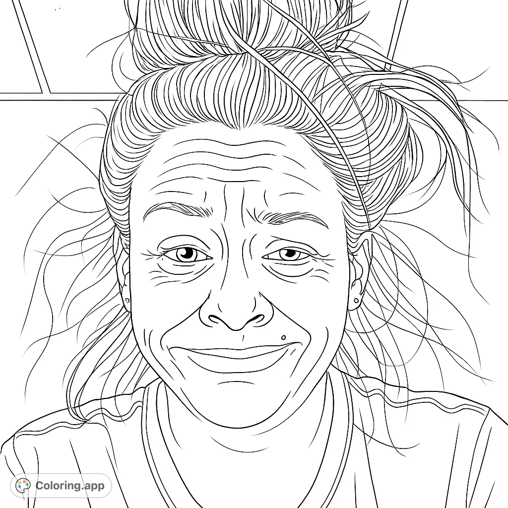 Capture a unique expression with this detailed portrait coloring page, featuring a person with a messy bun and a quirky, wrinkled smile.