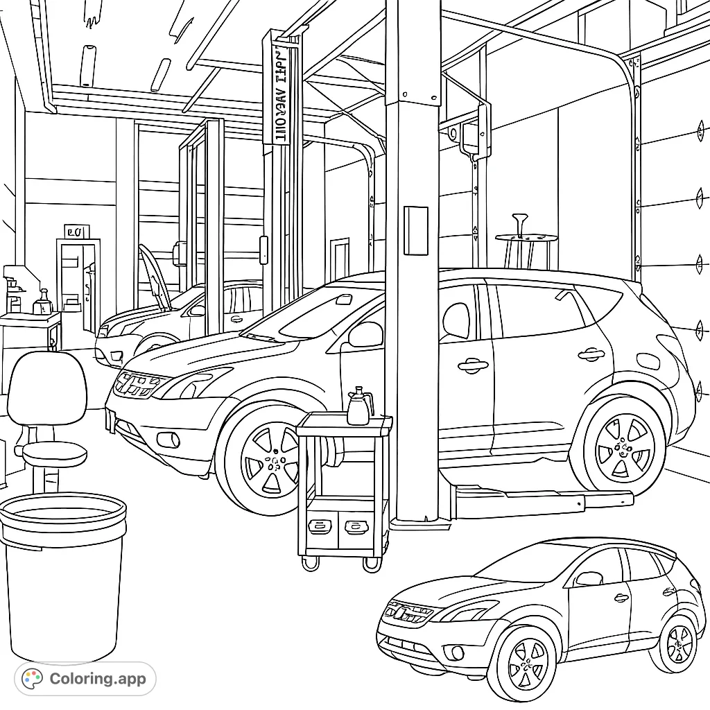 Explore a detailed auto repair shop scene with vehicles on lifts, tools, and equipment. Perfect for car enthusiasts and those who love mechanical themes.