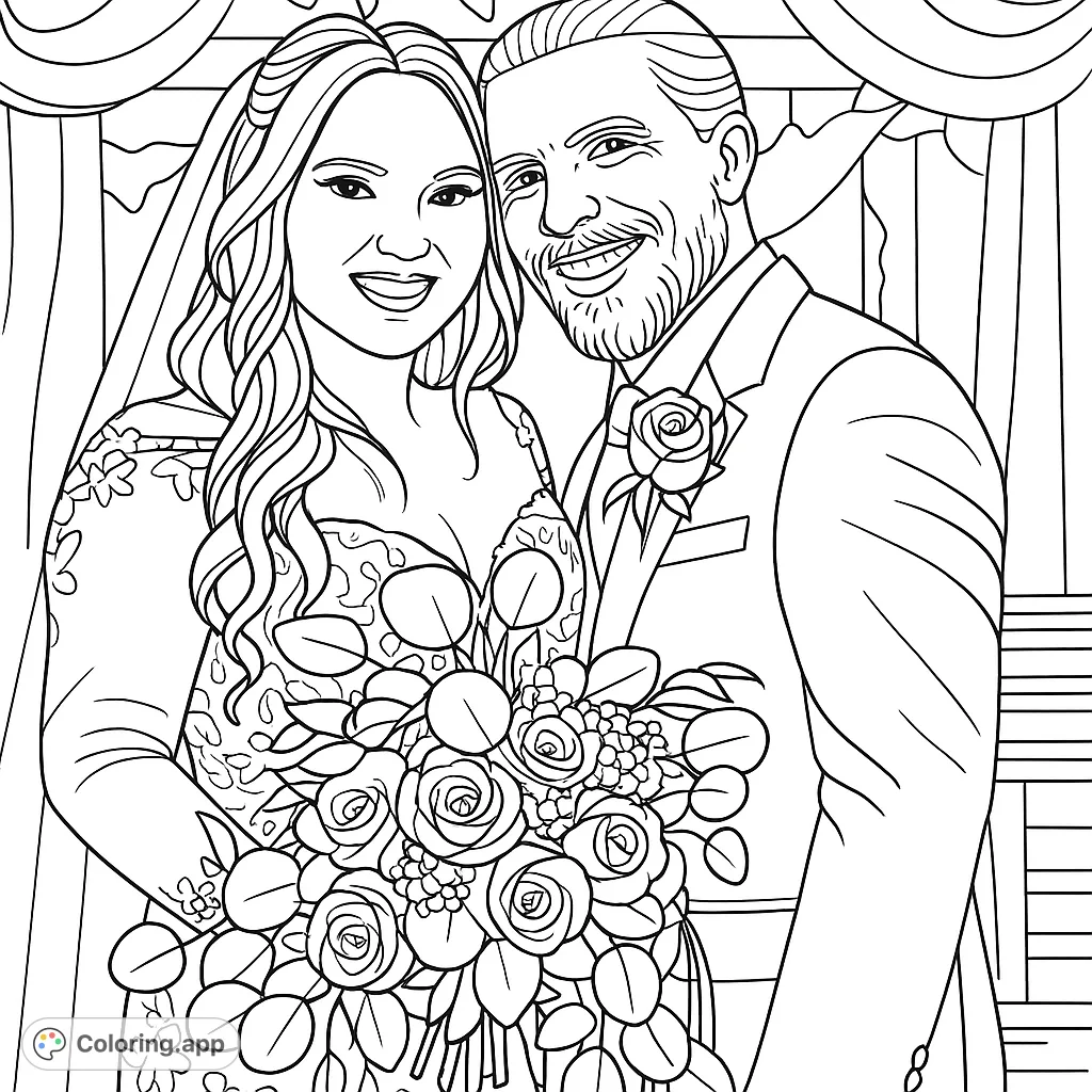 Capture the joy of a wedding day with this detailed coloring page featuring a happy couple, intricate gown, and beautiful floral bouquet.