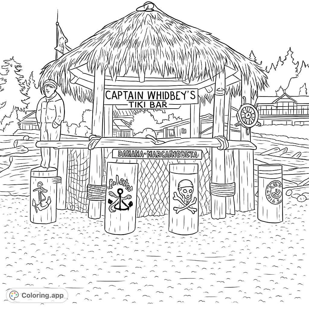 Explore a rustic beach tiki bar with a thatched roof, pirate flag, and nautical decorations. A charming scene for a relaxing coloring adventure.