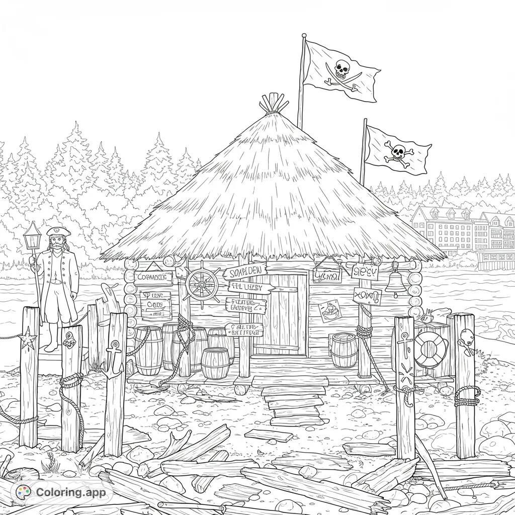 Explore a vintage pirate hideout on a pebbly beach, complete with a thatched hut, captain statue, and unique nautical posts. A free printable pirate hideout coloring page.
