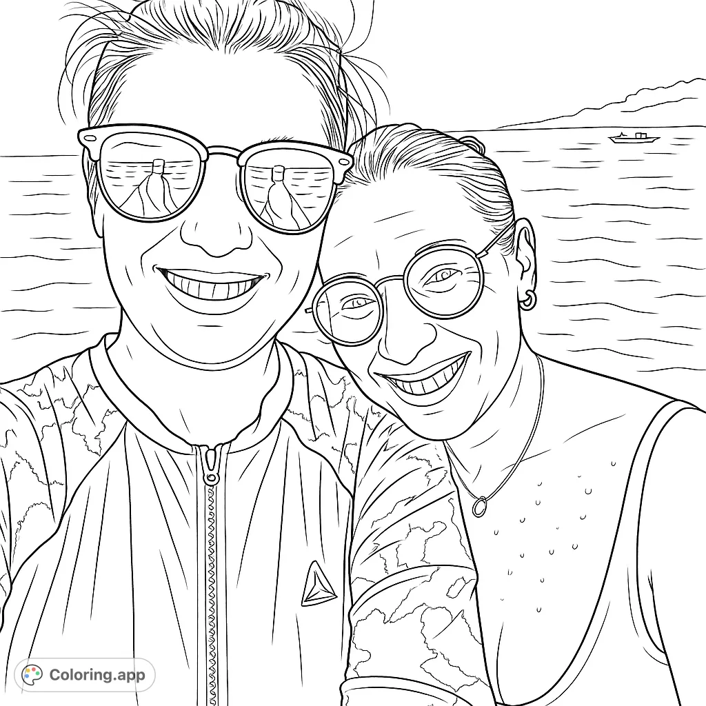 Capture a joyful moment with two smiling individuals by the water. A perfect summer scene for relaxation and creative expression.