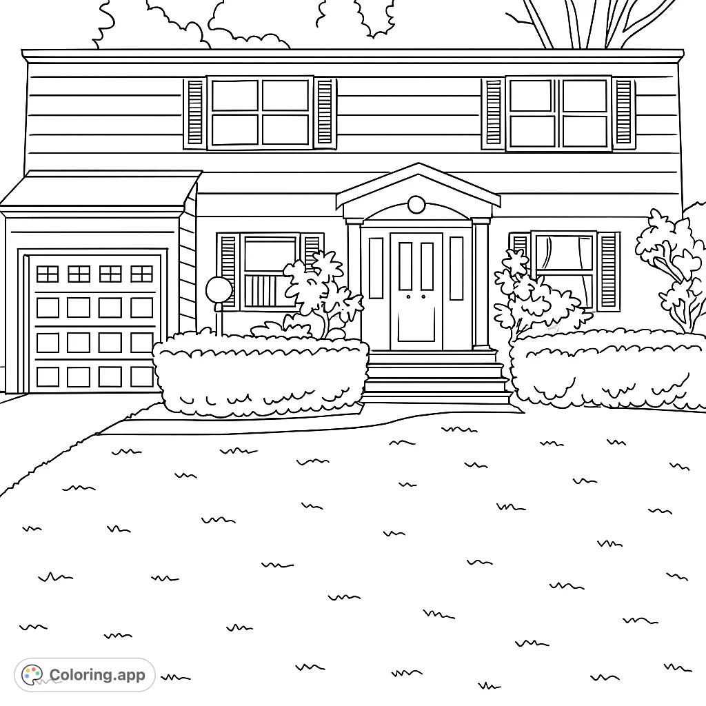 A classic two-story house with a garage, front porch, and landscaped yard. Perfect for a relaxing coloring experience, bringing a cozy home scene to life.