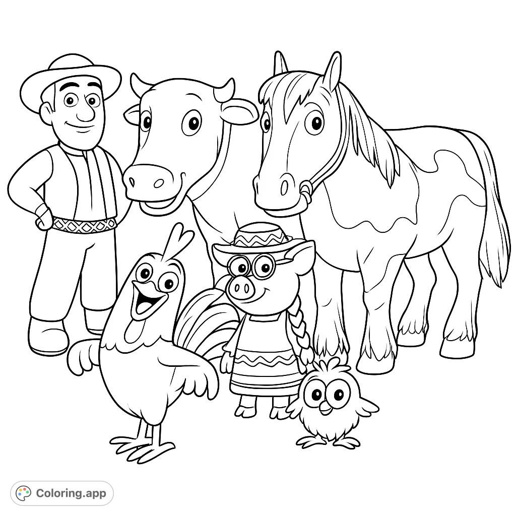 Join a cheerful farmer and his happy farm animal friends, including a cow, horse, rooster, pig, and chick, ready for a fun coloring adventure.