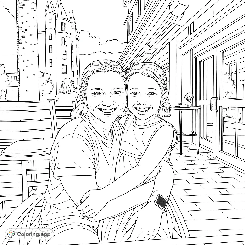 Capture a heartwarming moment of a mother and daughter embracing on an outdoor patio. A realistic scene perfect for family-themed coloring.