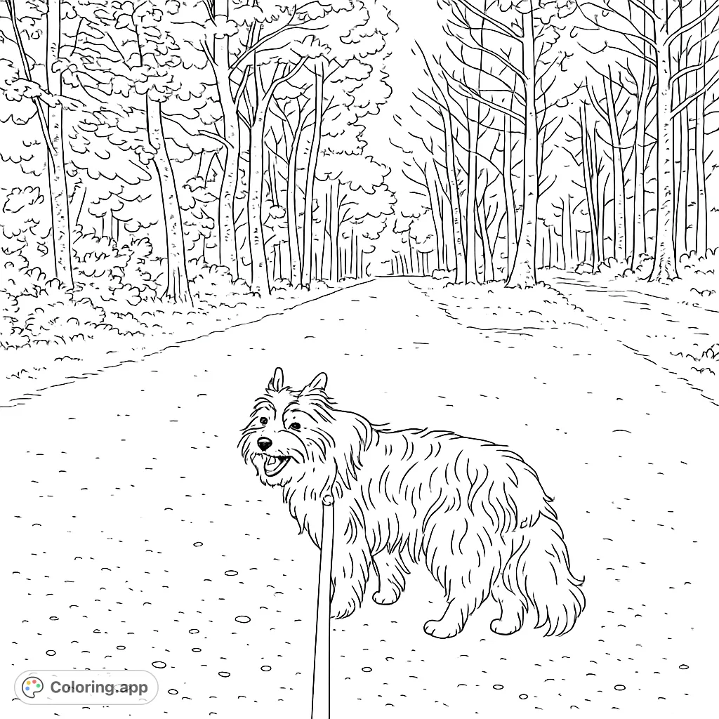 A charming shaggy dog on a woodland path, ready for a fun walk. Perfect for dog lovers and nature enthusiasts to bring to life with their favorite colors.