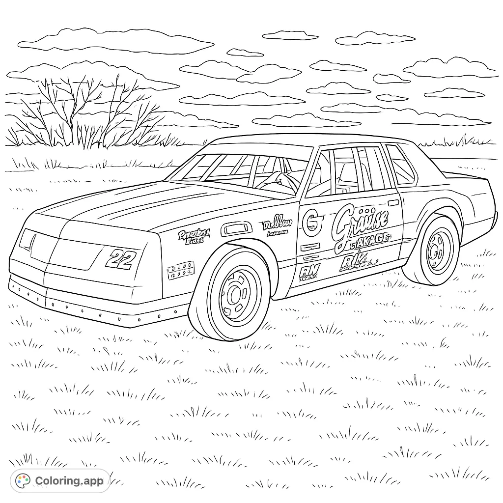 Rev up your creativity with this detailed stock car coloring page! Features a classic race car with number 22 and sponsor decals, set against an outdoor backdrop.