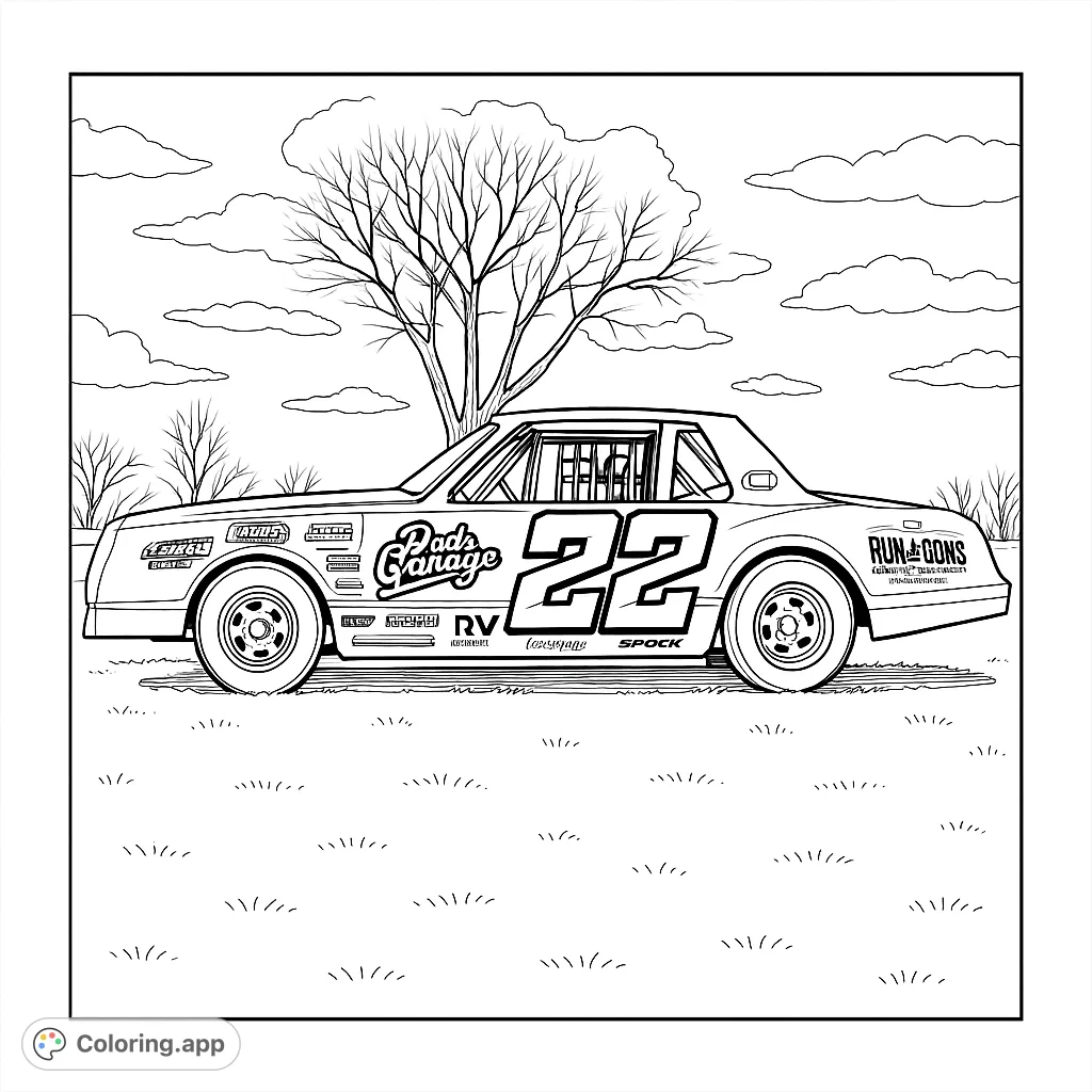 Rev up your creativity with this detailed stock car coloring page! Featuring a classic race car with number 22 and sponsor decals, set against a scenic outdoor backdrop.