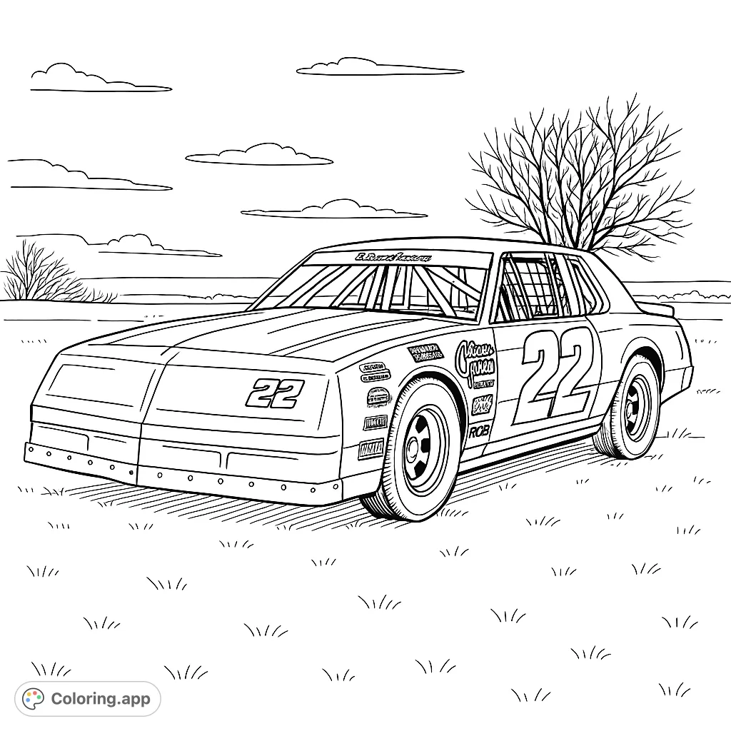 Unleash your creativity with this detailed stock car coloring page. Features a classic race car with sponsor decals, perfect for vehicle enthusiasts.