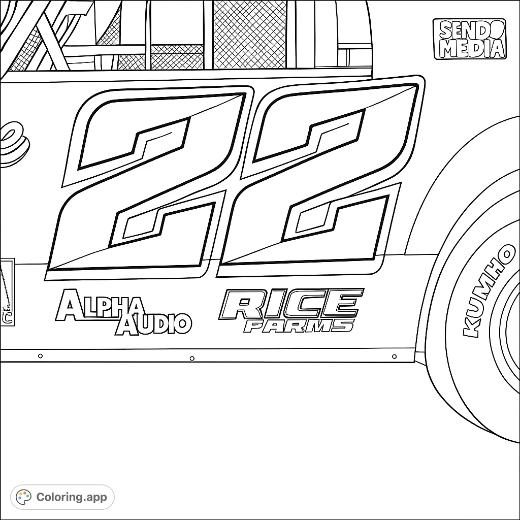 Color a dynamic race car featuring the bold number 22 and sponsor logos. Perfect for motorsports fans to customize their own racing livery.