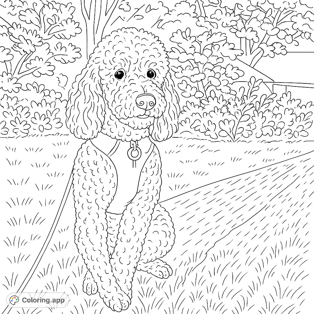 Color a charming poodle sitting on a grassy lawn, featuring its distinctive curly fur and a detailed harness. Perfect for pet lovers!