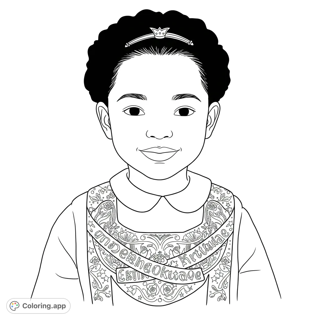 A charming portrait of a young child with curly hair and a gentle smile, featuring a collared shirt with a decorative ribbon and star patterns.