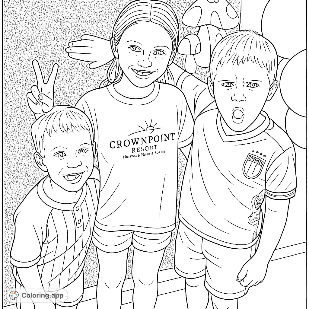 Three happy kids pose with silly faces and peace signs against a whimsical mushroom wall. A fun, free printable coloring page for all ages!