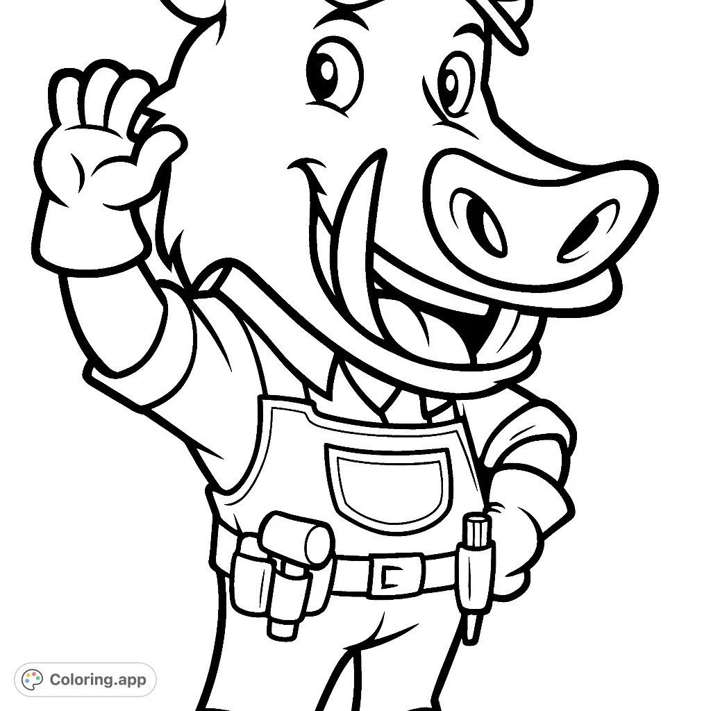 A friendly cartoon warthog handyman, complete with overalls, a cap, and a tool belt, ready to be brought to life with your colors!