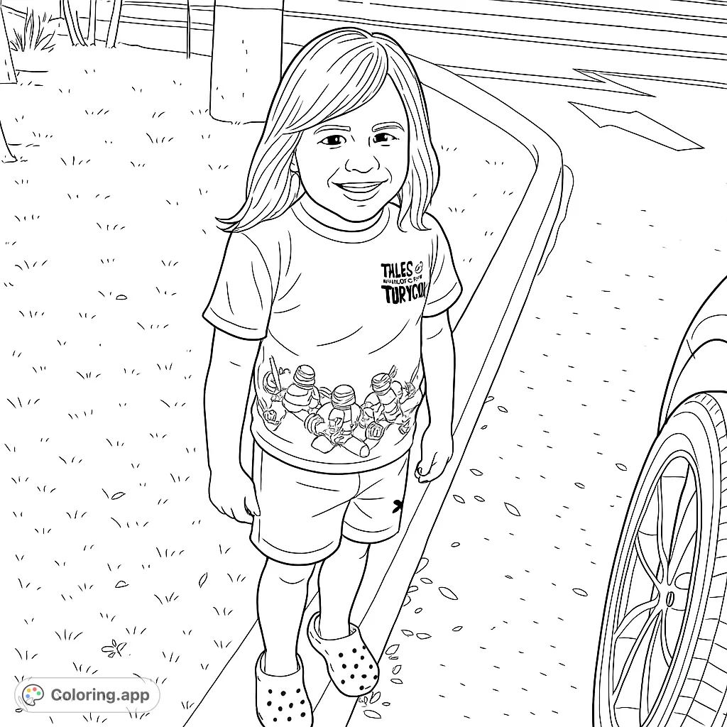 A cheerful child stands on a curb, ready for a fun coloring adventure. Personalize their outfit and the outdoor scene with your favorite hues.