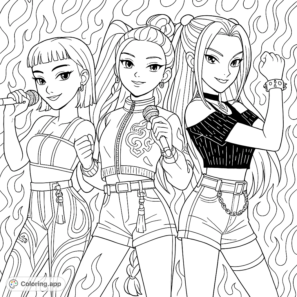 Unleash your creativity with this anime-inspired pop star trio coloring page! Highly detailed with characteristic eyes and expressions, set against swirling mystical flames.