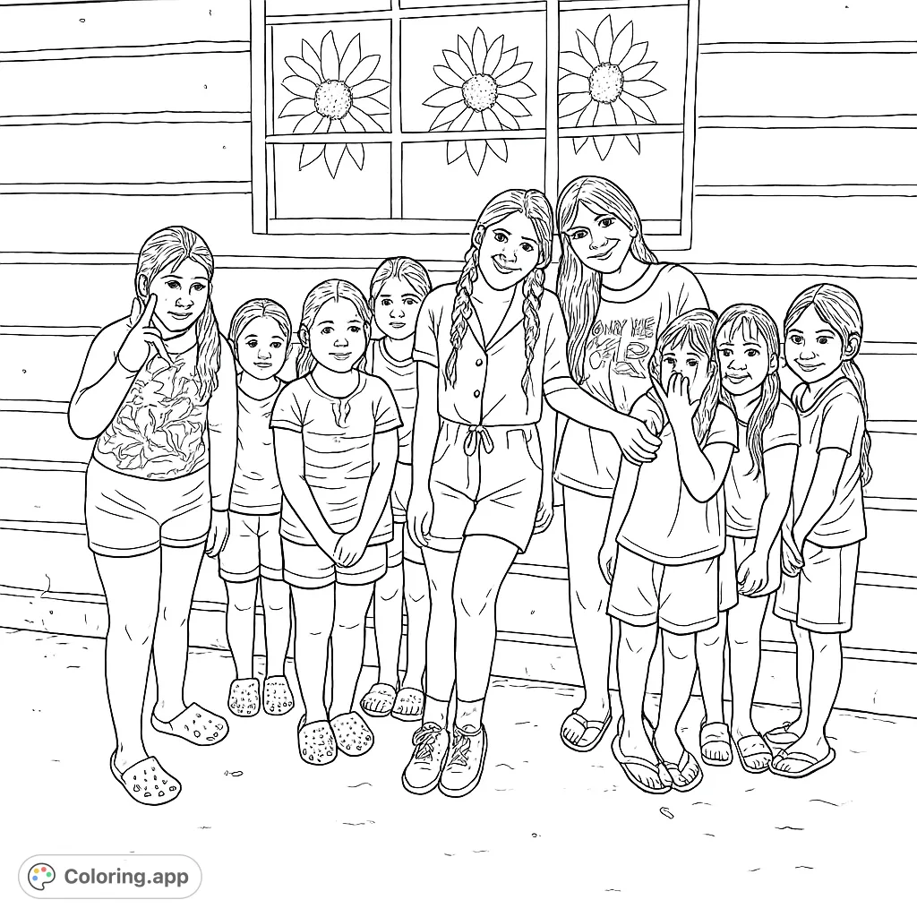 A heartwarming group of friends and children captured in a playful moment, perfect for a fun coloring activity. Features diverse expressions and details.