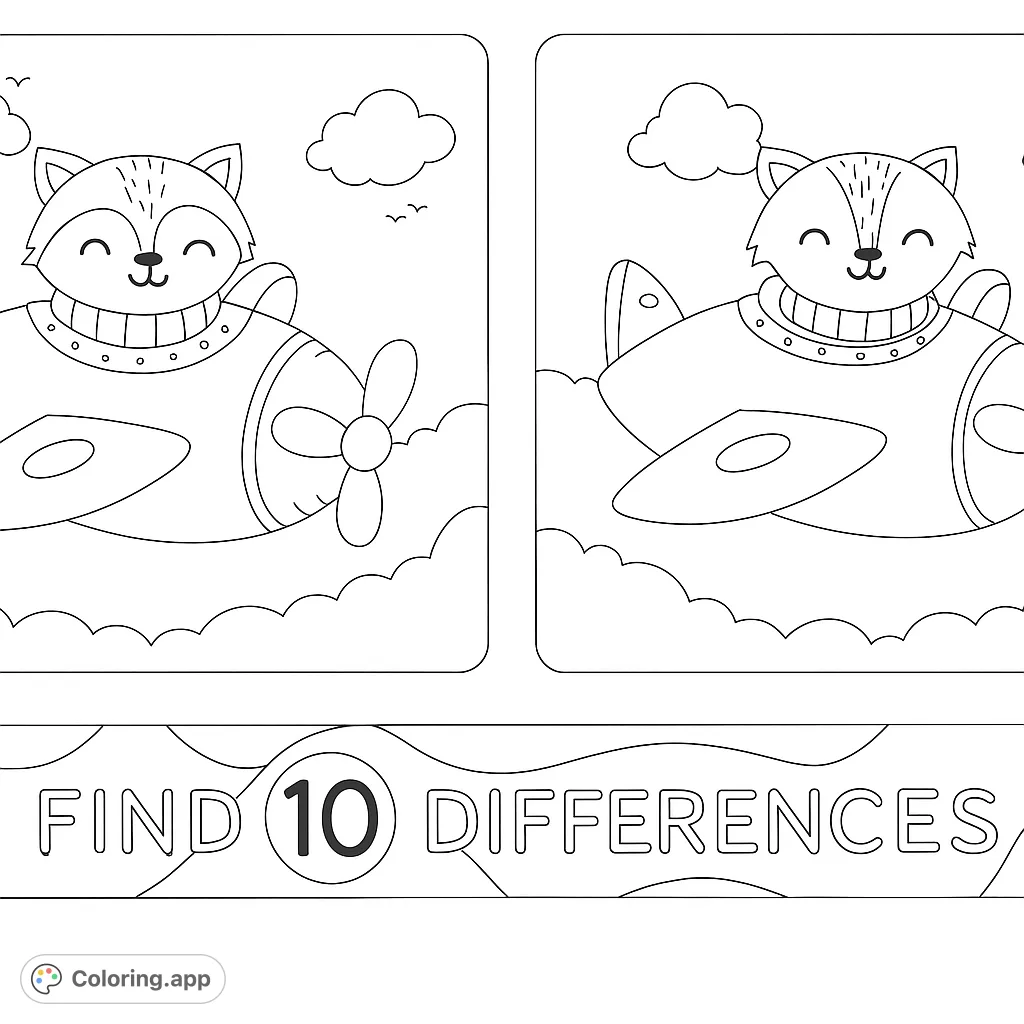 A delightful coloring page featuring a happy fox pilot soaring through the sky in a charming airplane, surrounded by fluffy clouds. Perfect for young adventurers!