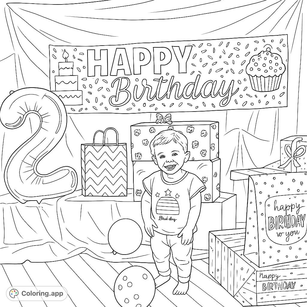 A joyful birthday scene featuring a smiling child, festive balloons, wrapped gifts, and a 'Happy Birthday' banner. Perfect for celebrating special moments.