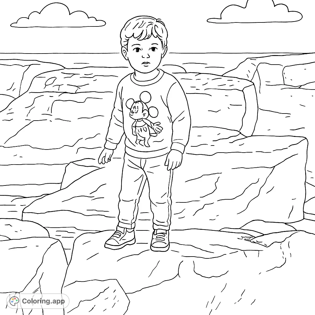 A cheerful boy explores a rocky shoreline, standing on large formations by the water. Perfect for a nature-themed adventure coloring page.