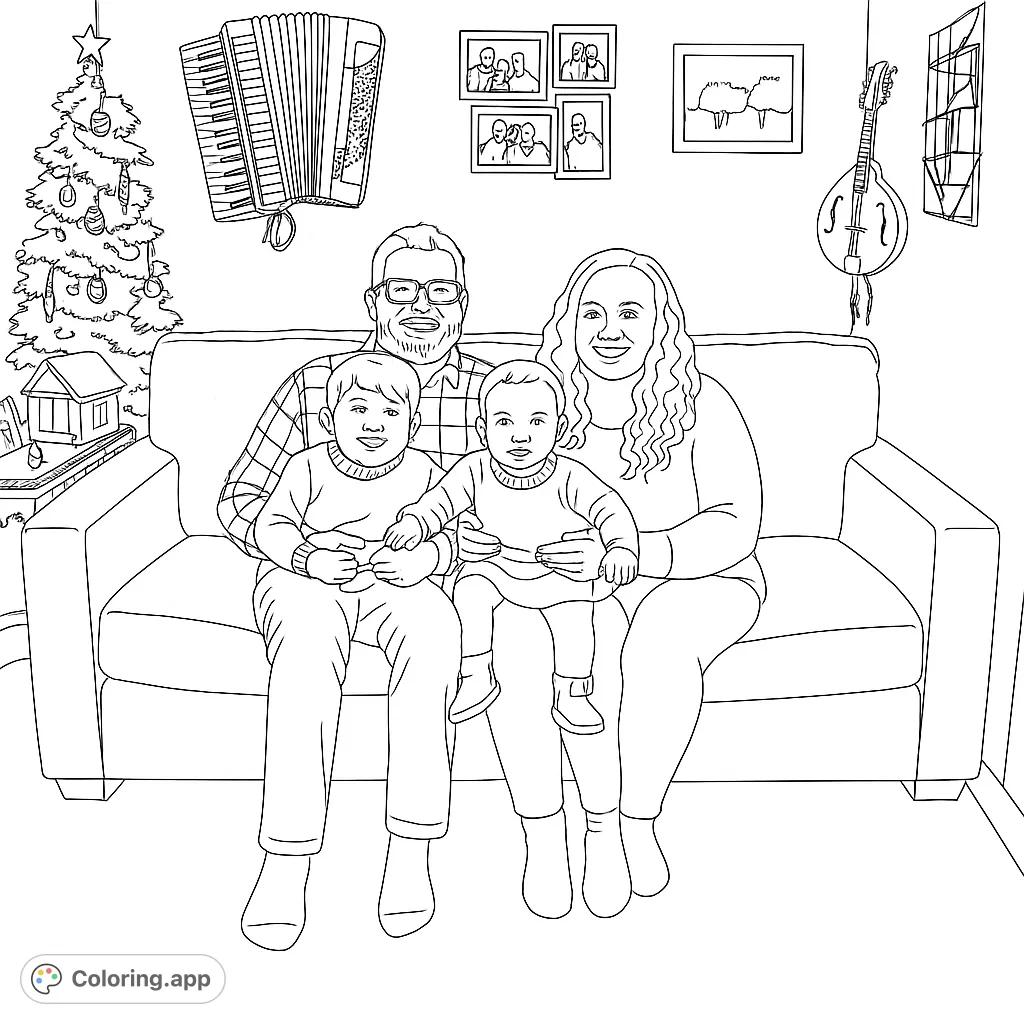Capture the warmth of family with this cozy portrait coloring page. Features a family of four on a couch, surrounded by home decor and holiday cheer.