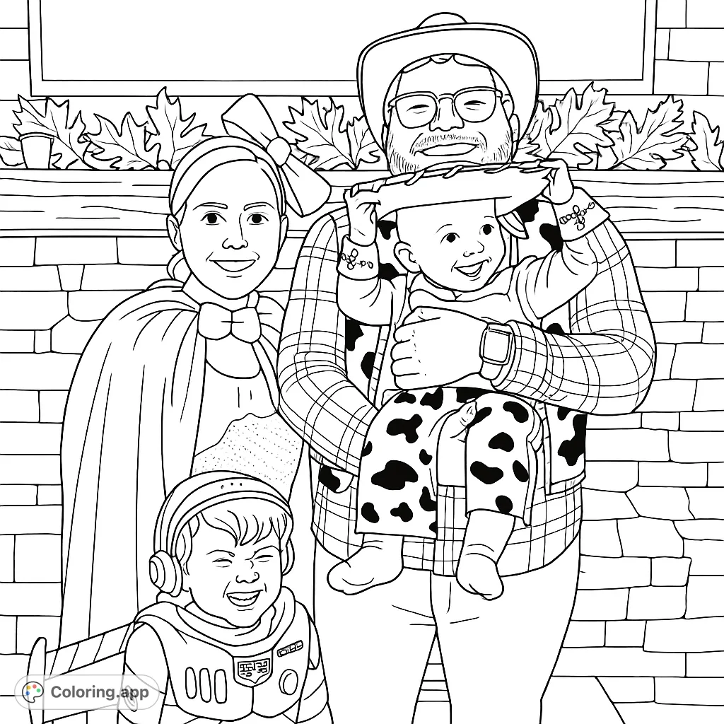 A joyful family portrait featuring a father, mother, baby, and child in playful costumes, set against a cozy fireplace with autumn decor.