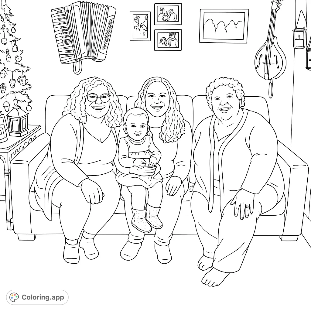 A heartwarming family scene featuring three women and a baby on a couch, surrounded by cozy home decor and festive holiday elements.