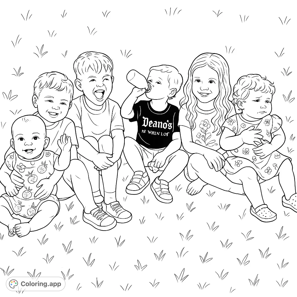 A heartwarming scene of five happy children sitting together on a grassy field, perfect for a fun and engaging coloring activity.