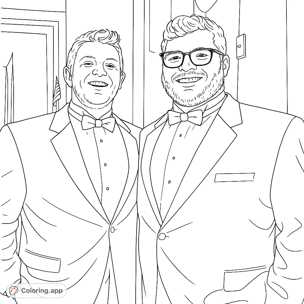Capture the joy of two men in formal attire. A detailed portrait perfect for practicing shading and bringing expressions to life.