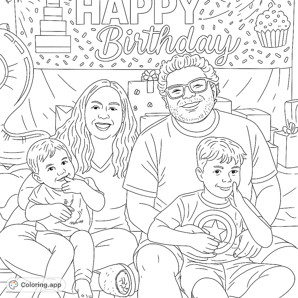 A joyful family portrait celebrating a birthday, featuring parents and two children with a festive banner and gifts, perfect for coloring.