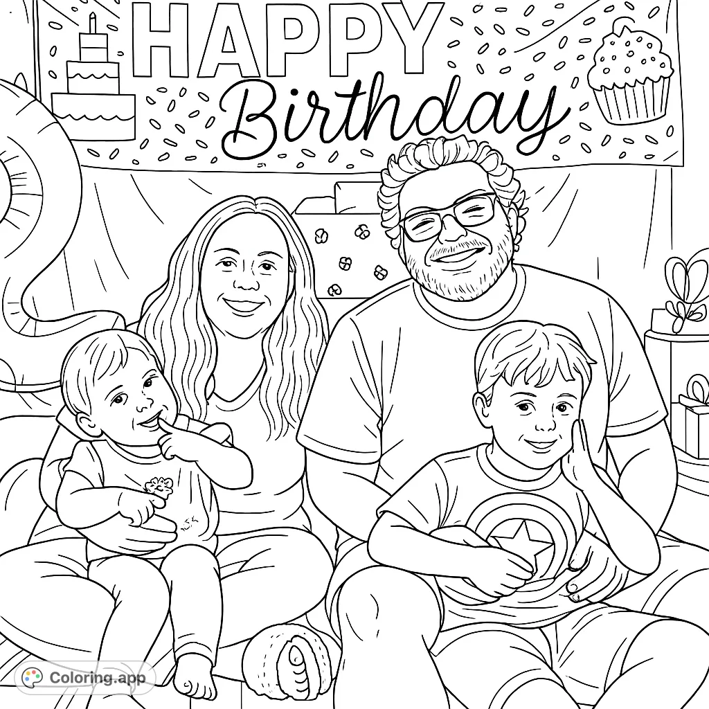 A joyful family portrait celebrating a birthday, featuring parents and two children with a festive banner and gifts, perfect for coloring.