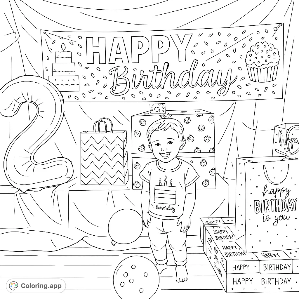 A delightful birthday scene featuring a smiling child, festive banner, stacked presents, and balloons, perfect for a fun celebration coloring page.
