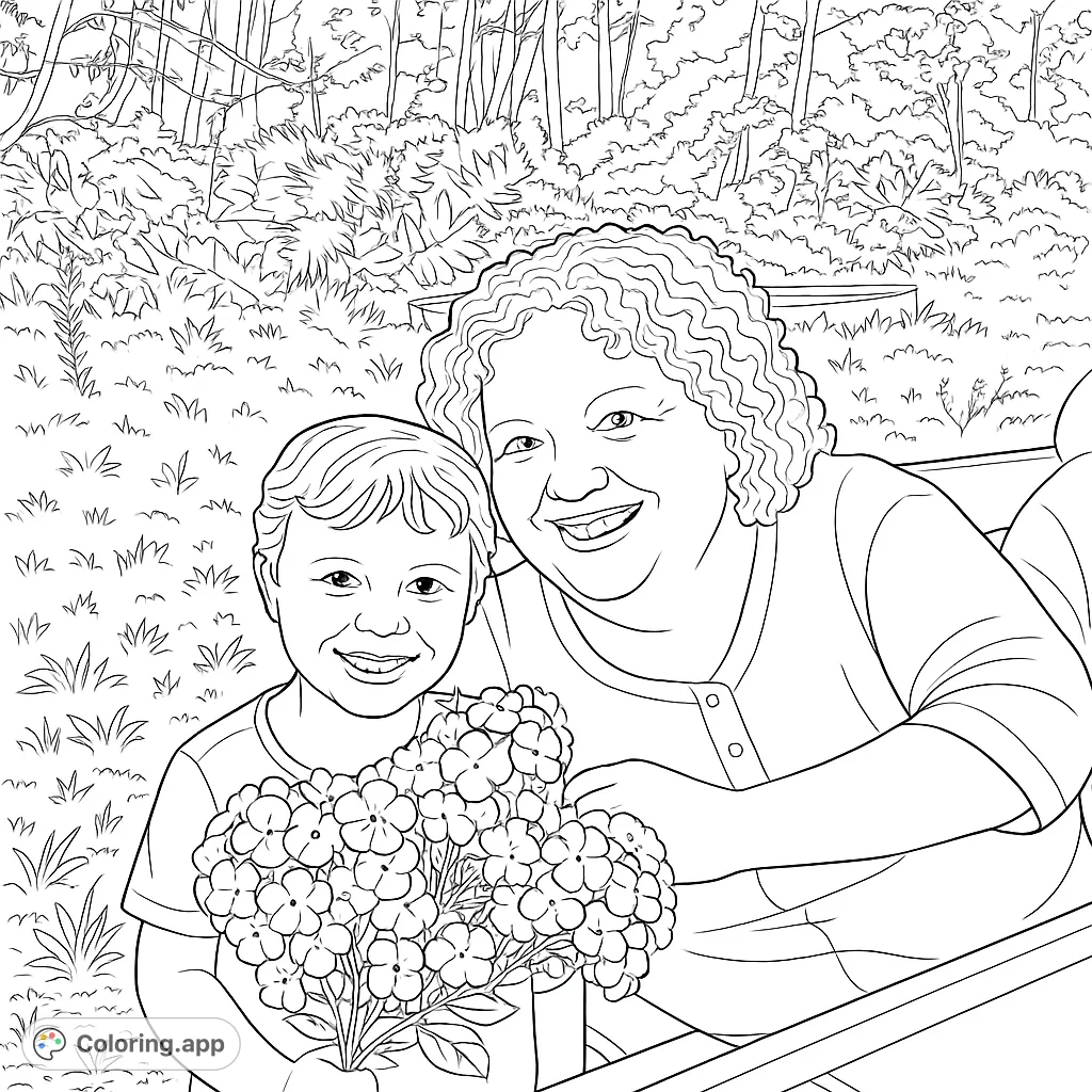 Capture a heartwarming moment: a smiling woman and child holding a beautiful bouquet outdoors. A perfect family coloring page for all ages.