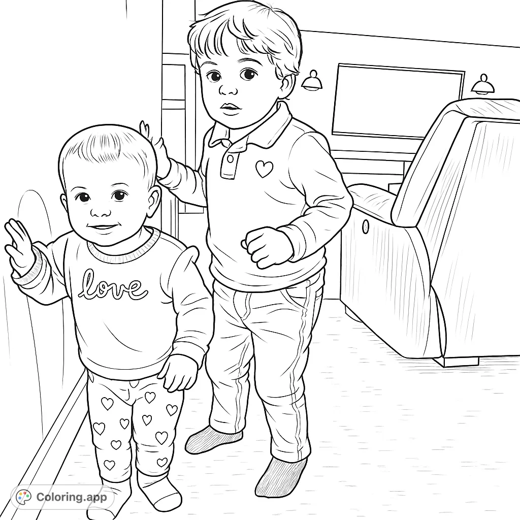 A heartwarming children's coloring page featuring two adorable siblings in a cozy indoor setting, perfect for celebrating family and affection.
