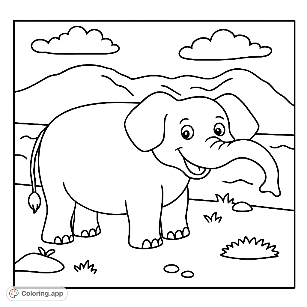 A cheerful elephant stands in a scenic landscape with mountains, water, and clouds, ready for a fun coloring adventure.