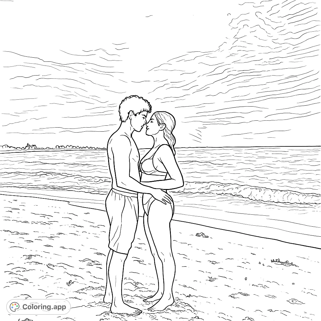 A romantic scene of a couple embracing on a beach at sunset, with ocean waves and a vast sky. Perfect for a serene coloring experience.