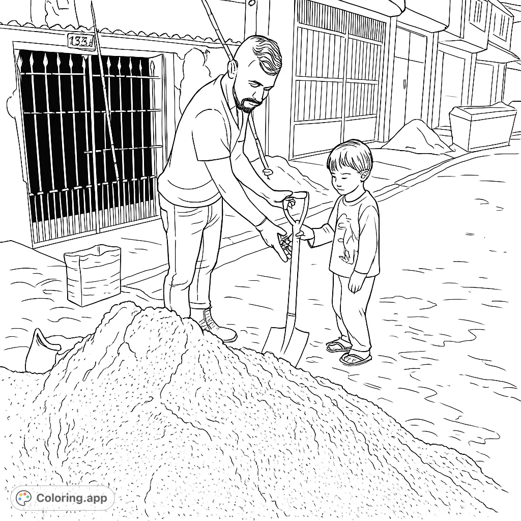 A heartwarming scene of a man and a boy working together on a construction project, featuring a large sand pile and urban background.