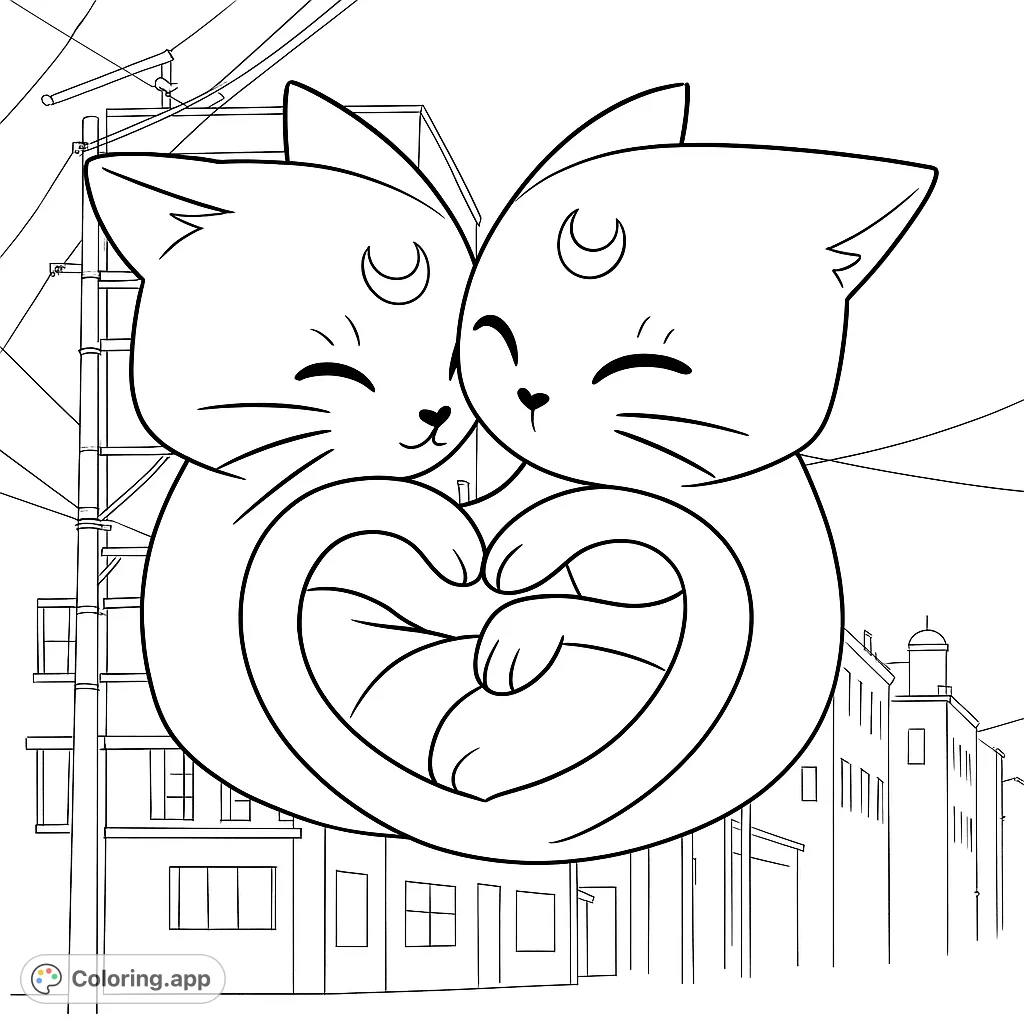 A heartwarming coloring page featuring two adorable cats embracing, their tails forming a heart, set against a charming urban backdrop. Perfect for cat lovers!