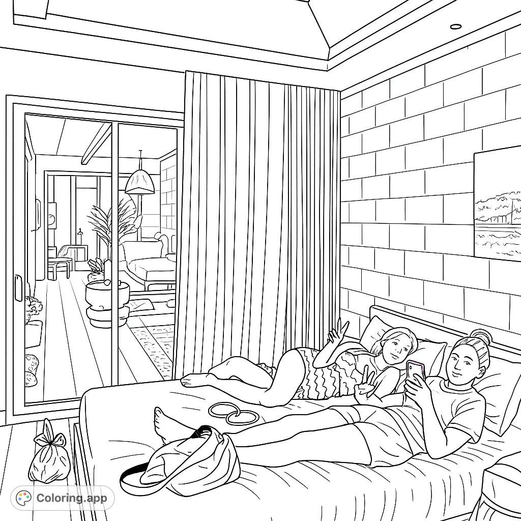 A cozy bedroom scene featuring two individuals relaxing on a bed, perfect for unwinding with a detailed interior and outdoor view.