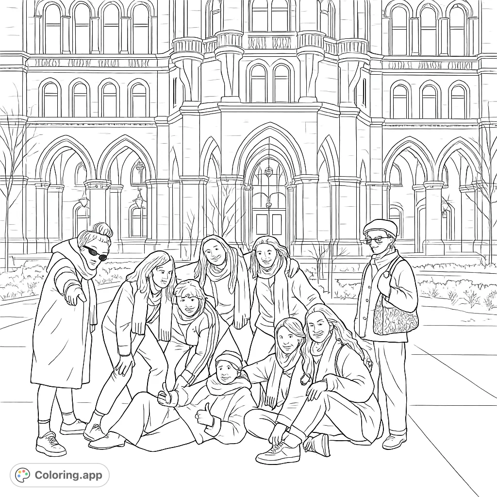 Capture a lively group of friends posing playfully in front of a magnificent, architecturally rich building. A fun urban scene for all ages.
