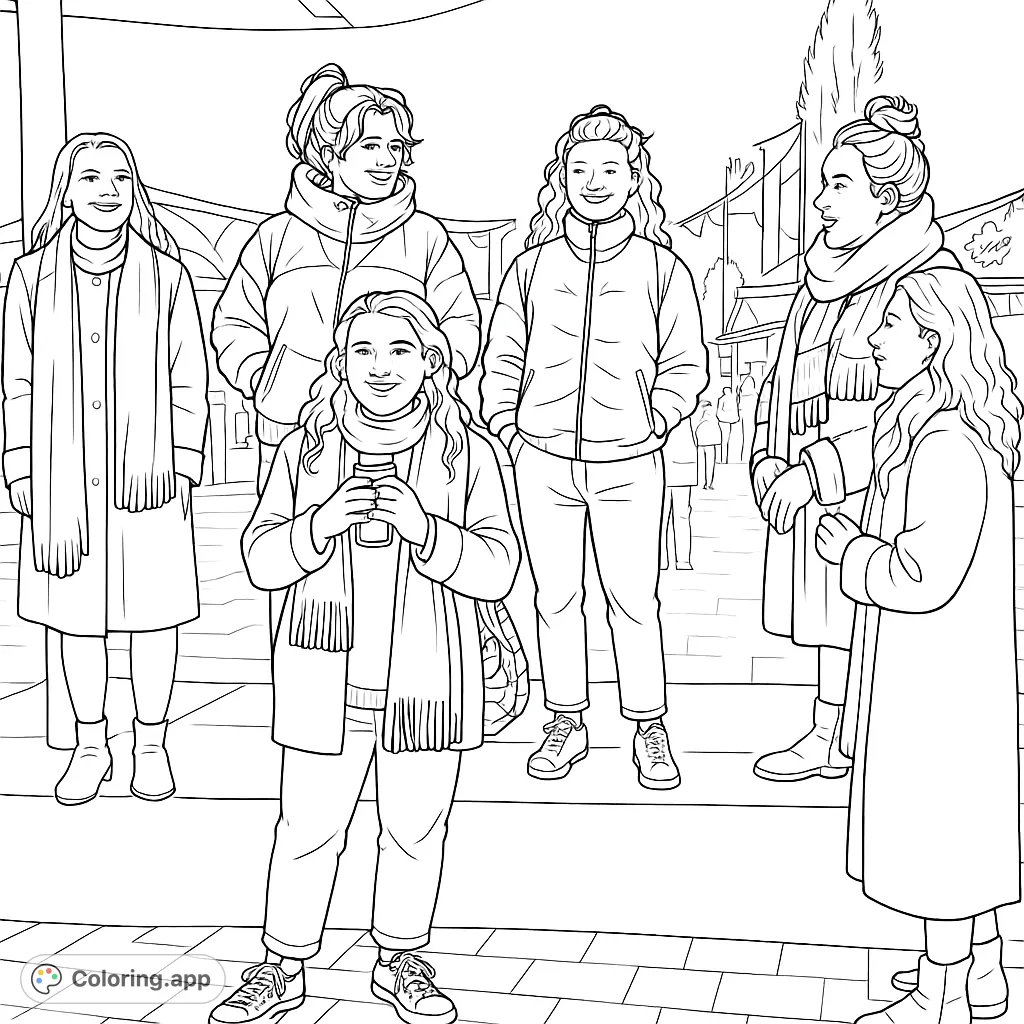 Capture a lively outdoor gathering of friends enjoying a festive night. Perfect for adding your own vibrant touches to winter attire and a fun atmosphere.