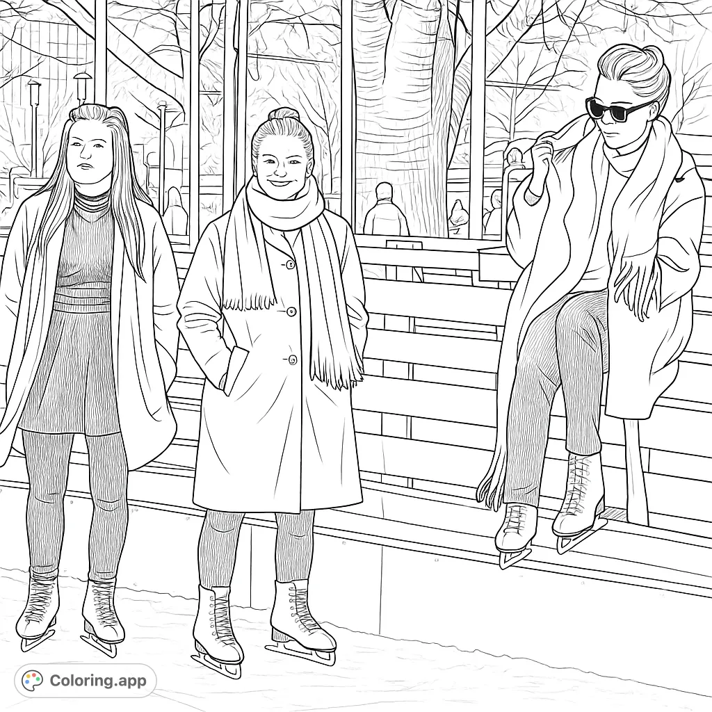 Three friends enjoying a day of ice skating, bundled in winter coats and scarves on a festive rink. A delightful winter scene.