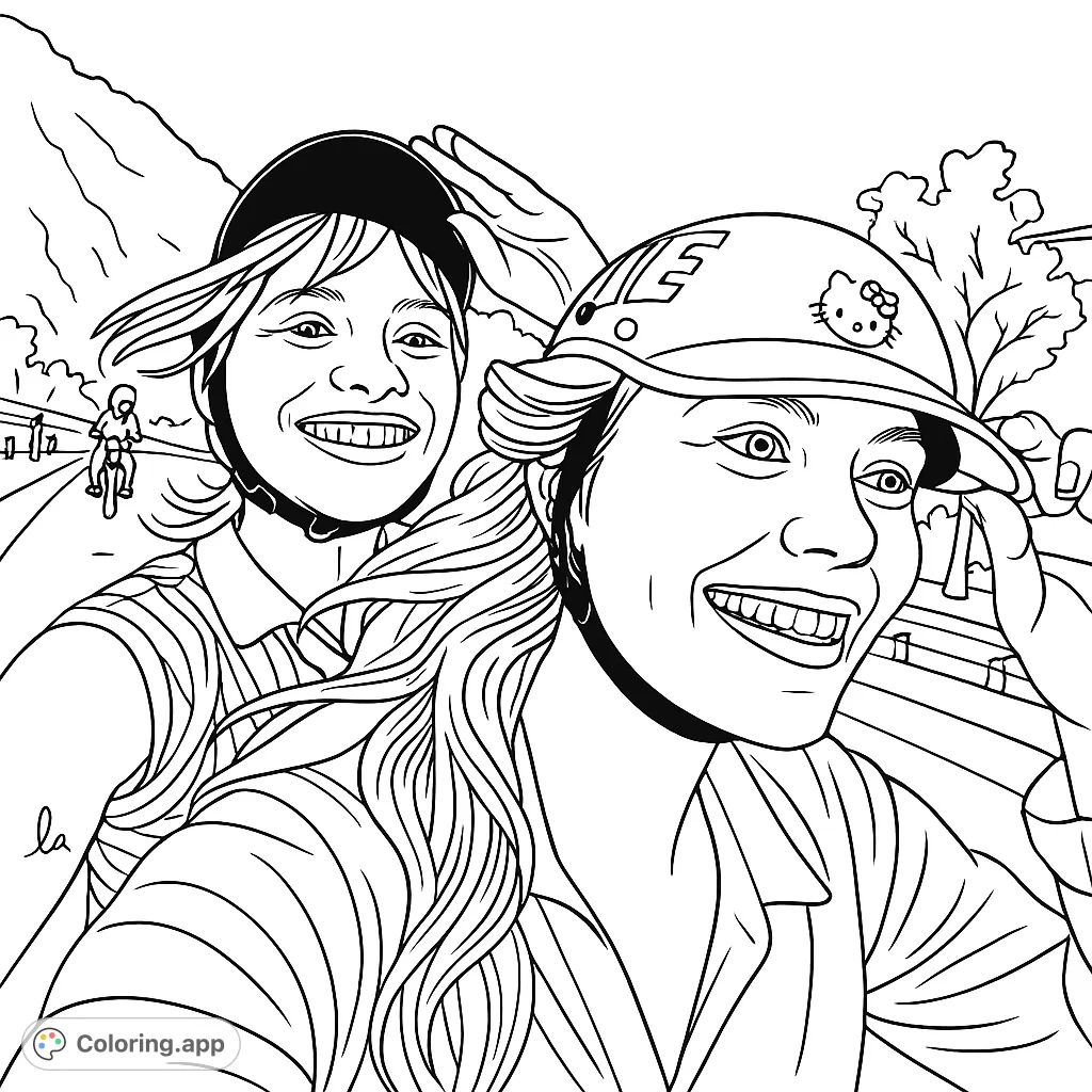 Capture the joy of a scooter adventure with two smiling friends on a scenic road. Perfect for travel enthusiasts and those who love open-road journeys.