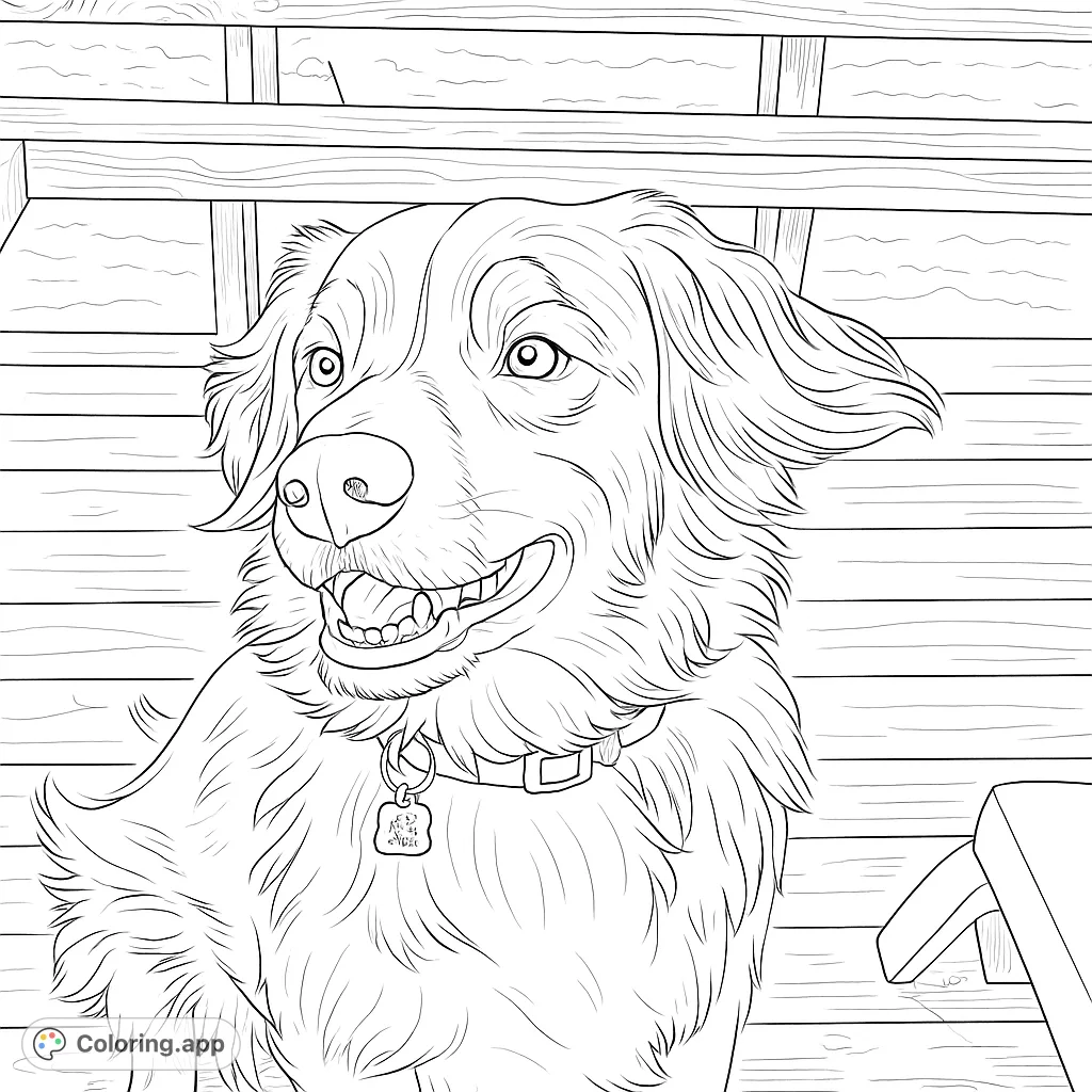 A charming dog with expressive features sits on a wooden deck, ready for a creative coloring adventure. Perfect for animal lovers!