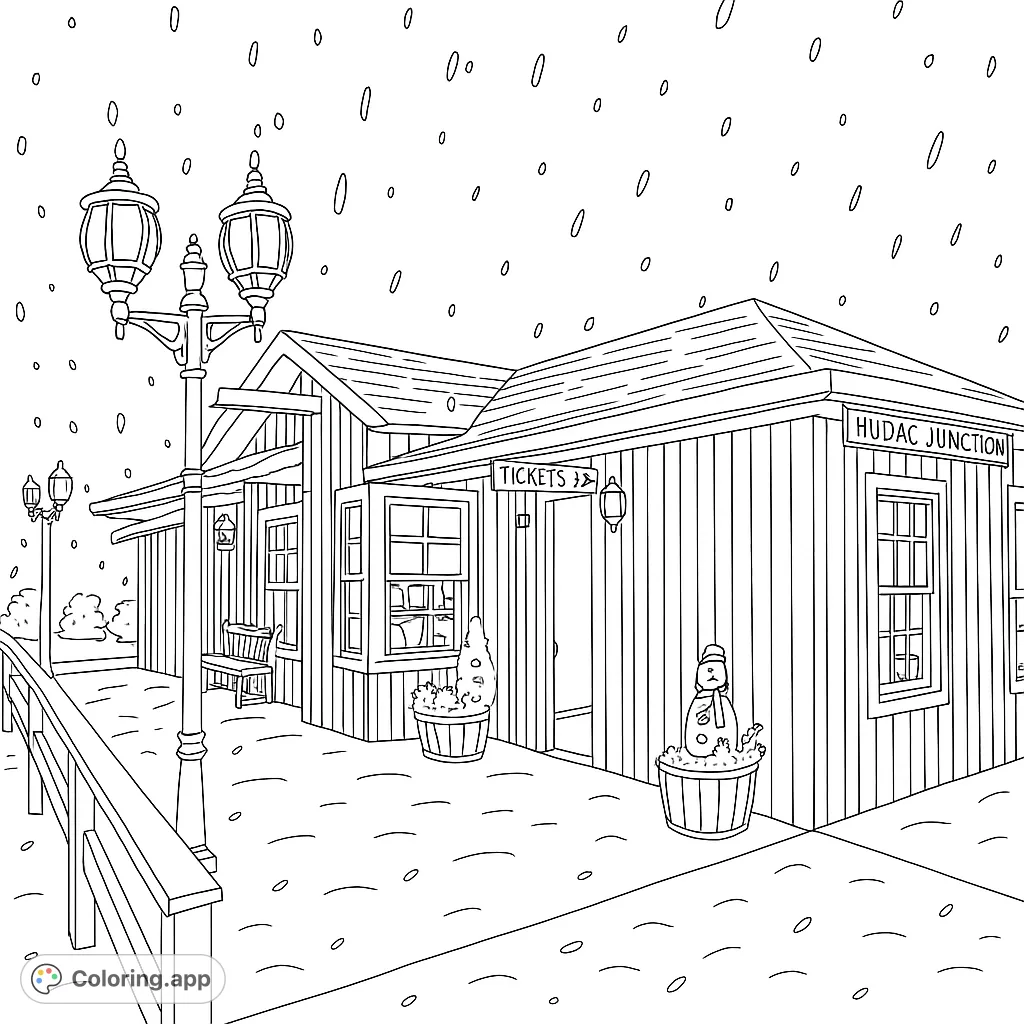 A charming winter scene featuring a festive building, lamppost, and falling snow, perfect for a cozy coloring experience.