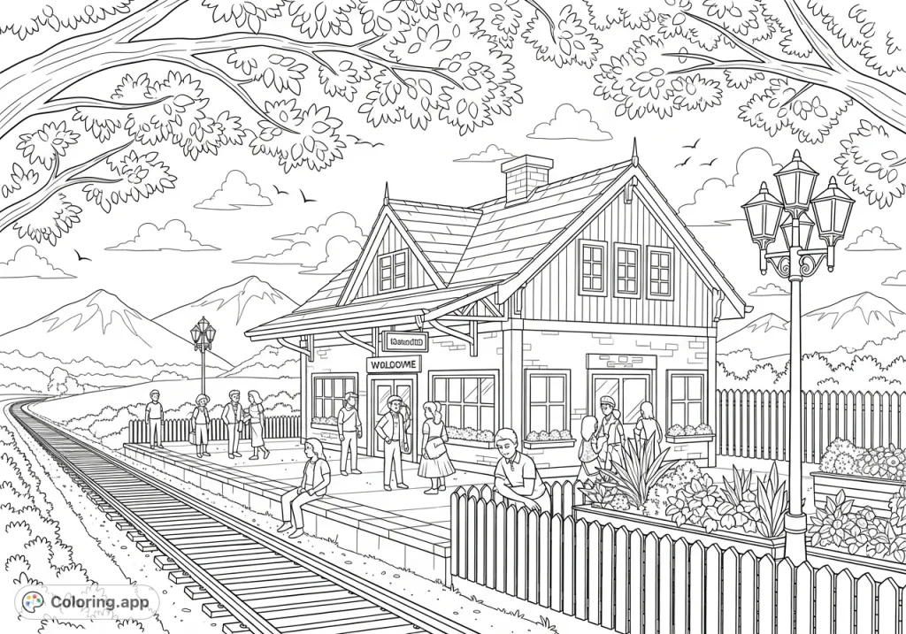 Explore a detailed train station coloring page featuring a building, platform, individuals, train tracks, and a scenic landscape with hills and trees. Great for all ages!