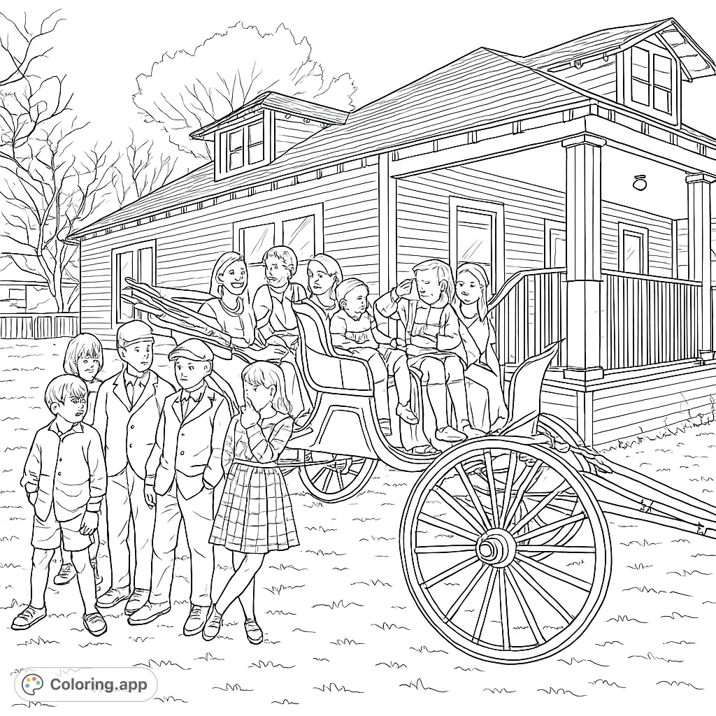 A charming vintage scene featuring children gathered around an old carriage in front of a historic house. Perfect for a nostalgic coloring experience.