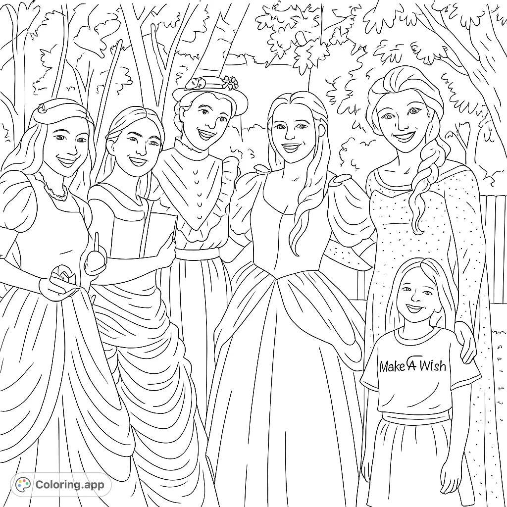 A delightful gathering of fairytale characters and a happy child, ready for a magical coloring adventure.